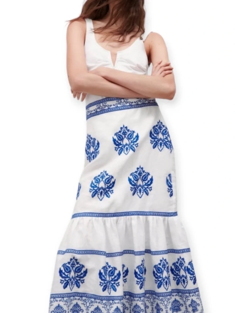 NWT - ZARA White & Blue Floral Print Tiered Maxi Skirt Size XS - Picture 3 of 6